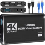 Video Capture Cards, 4K HDMI to USB 3.0 Video Capture Device, 60fps Broadcast Live and Record Video Audio Gaming, Streaming, Teaching, Video (HDMI Cable NOT Included)